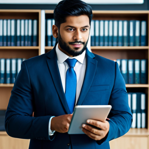 Home 11 A confident, professional man of South Asian descent, in a modest business suit, stands in a brightly lit, modern law office. He is holding a tablet displaying digital legal documents related to copyright protection and intellectual property. In the background, blurred bookshelves filled with legal texts and a sleek, modern workstation with a large monitor showing abstract data visualizations of secure digital assets. The atmosphere is serious and technologically advanced. High-resolution, professional studio photography, cinematic lighting, sharp focus, vibrant colors, clear details, fully clothed, appropriate attire, modest clothing, professional dress, safe for work, appropriate content, professional, family-friendly, perfect anatomy, correct proportions, natural pose, well-formed hands, proper finger count, natural body proportions.
