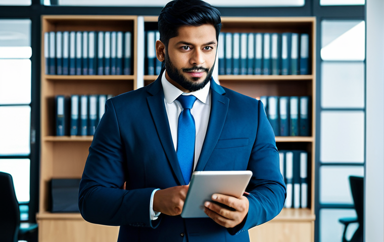 A confident, professional man of South Asian descent, in a modest business suit, stands in a brightly lit, modern law office. He is holding a tablet displaying digital legal documents related to copyright protection and intellectual property. In the background, blurred bookshelves filled with legal texts and a sleek, modern workstation with a large monitor showing abstract data visualizations of secure digital assets. The atmosphere is serious and technologically advanced. High-resolution, professional studio photography, cinematic lighting, sharp focus, vibrant colors, clear details, fully clothed, appropriate attire, modest clothing, professional dress, safe for work, appropriate content, professional, family-friendly, perfect anatomy, correct proportions, natural pose, well-formed hands, proper finger count, natural body proportions.